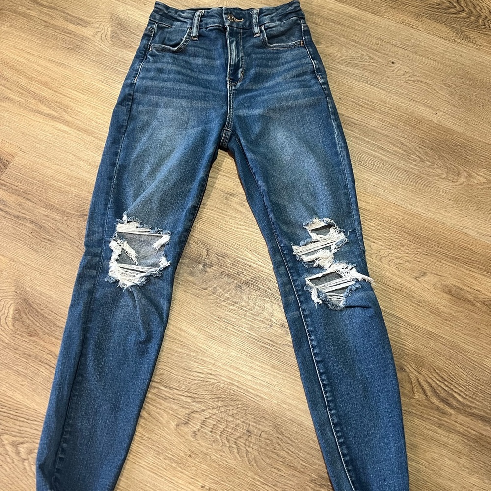 American Eagle Outfitters Curvy Super High Rise Distressed Blue Jeans